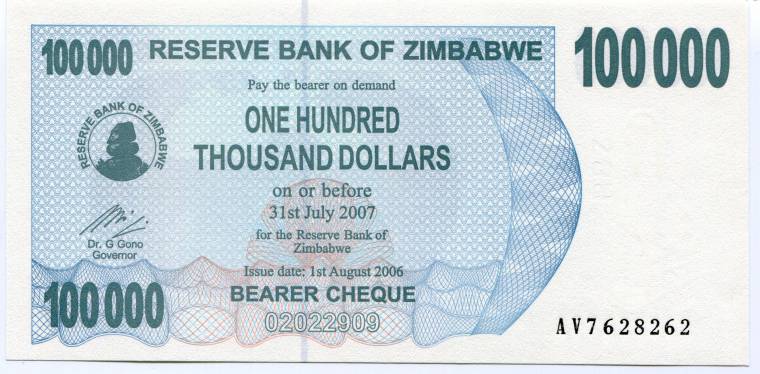 Zimbabwe 2006 Rare 100 000 Dollars Bearer Check Unc 100000 P 48 Av Prefix Collectors Currency
