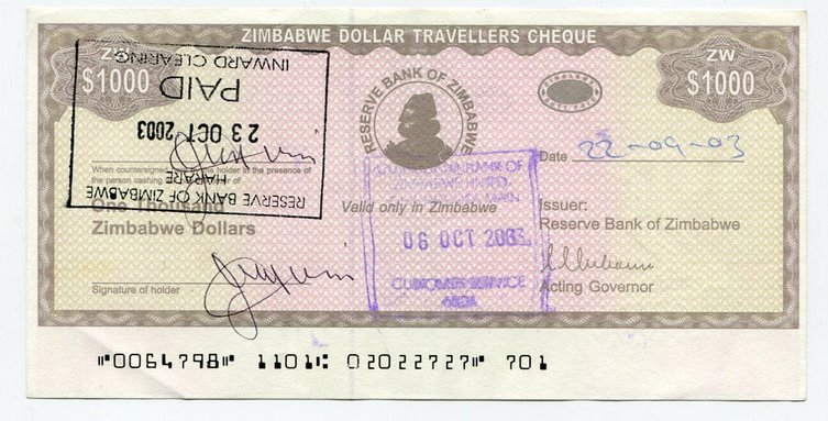 Zimbabwe Dollar Travelers Check $1 000 Check 2003 P15 $1000 Rare Version 2 